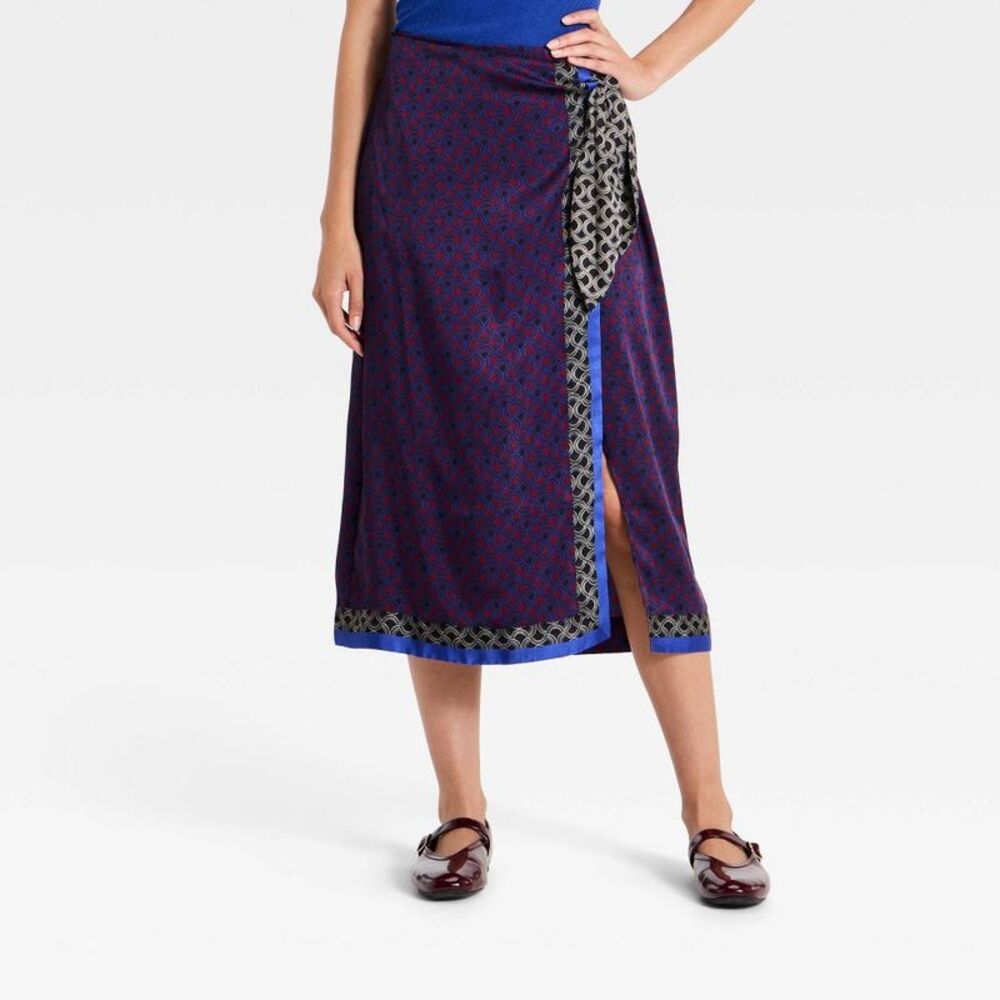 Women's Satin Wrap Midi Skirt - A New Day Blue XL